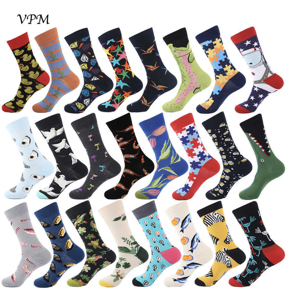 Men's Socks VPM Combed Cotton Men's Socks Harajuku Colorful Happy Funny Bear Fish Long Warm Dress Socks for Male Wedding Christmas Gift T221011