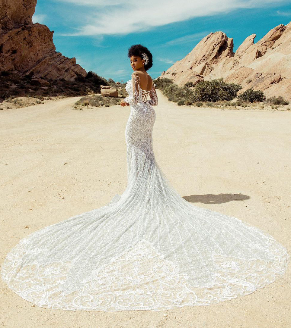 Illusion Lace Mermaid Wedding Dresses Full Sleeve Bridal Gown Outdoor Beach Marriage Long Train Arabic Aso Ebi