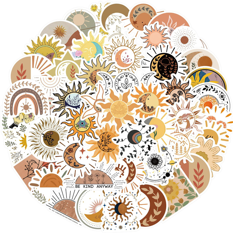 50PCS Cute Bohemian Sun Moon Flowers Stickers Aesthetic Laptop Guitar Phone Scrapbook Luggage Wall Cartoon Sticker