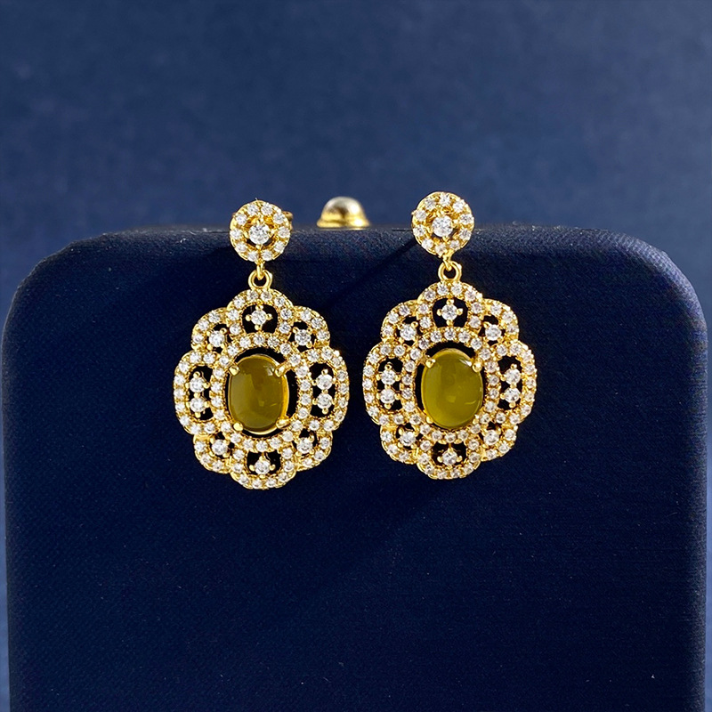 New vintage earrings flash with crystal hanging hollow oval wreath natural chalcedony gemstone stud