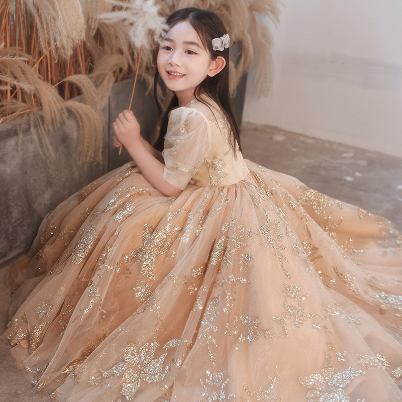 luxury Gold 2023 Flower Girls Dresses For Wedding Beaded Toddler Pageant Gowns Long Ball Gown First Communion Dress