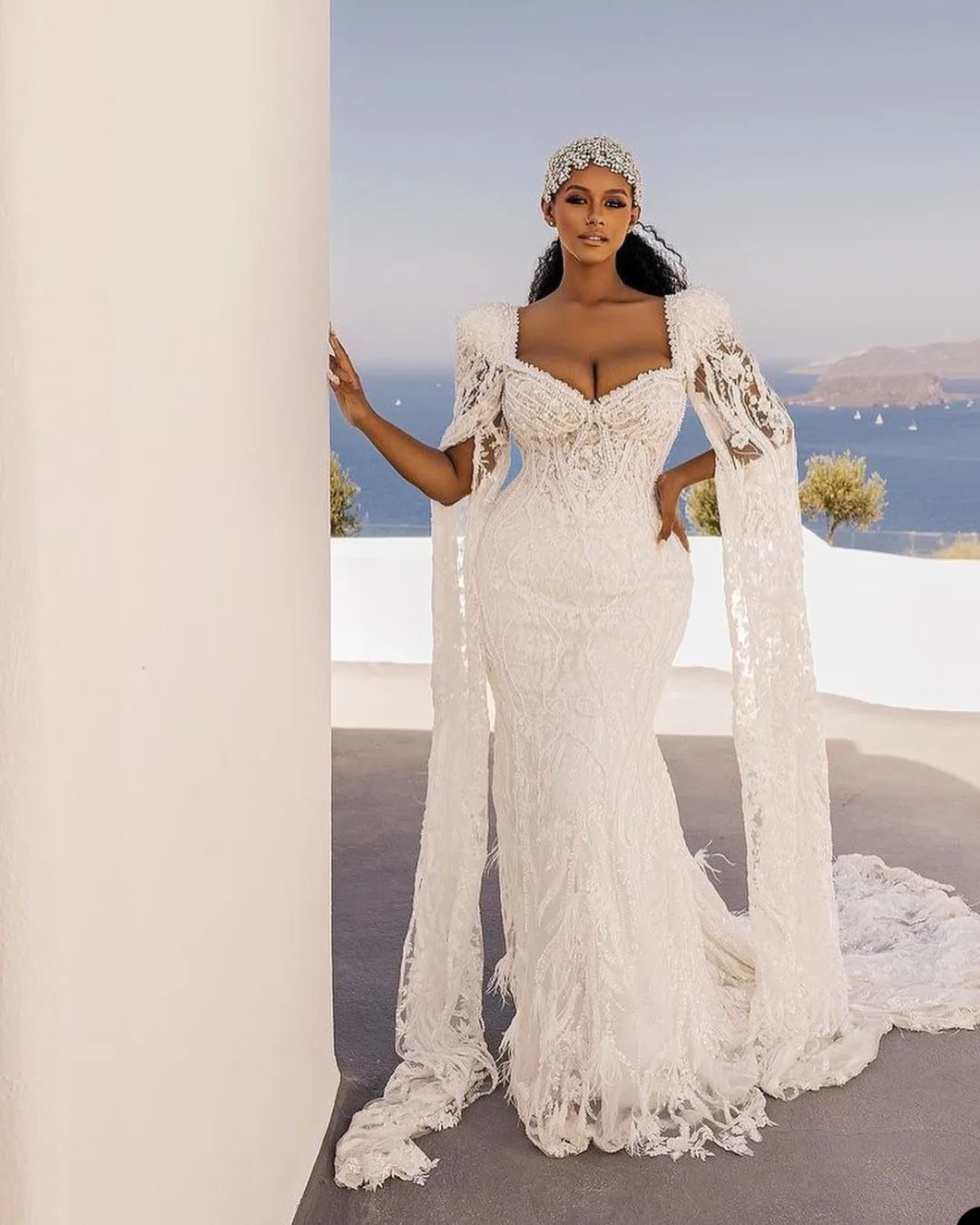 Arabic Beach White Mermaid Wedding Dress Luxury Pearl Sweetheart Trumpet Full Sleeve Lace Bridal Gowns Robe De Soiree