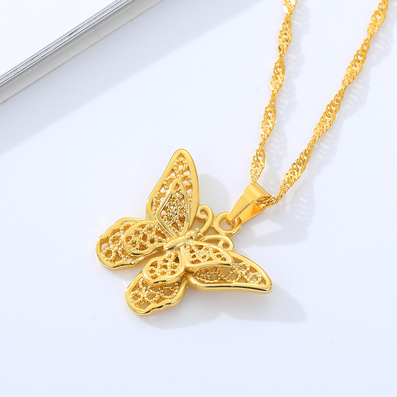 Stainless Steel Hollow Butterfly Pendant Necklace 18K Real Gold Plated Classic Jewelry