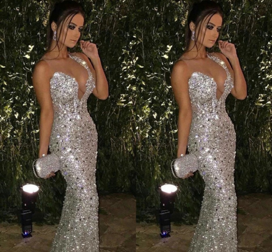 2022 Sparkling Mermaid Beaded Crystal Prom Dress Scoop Sexy Illusion Neck Birthday Party Dress Wear Dubai Style Evening Gowns Robe De Soiree Vestidos