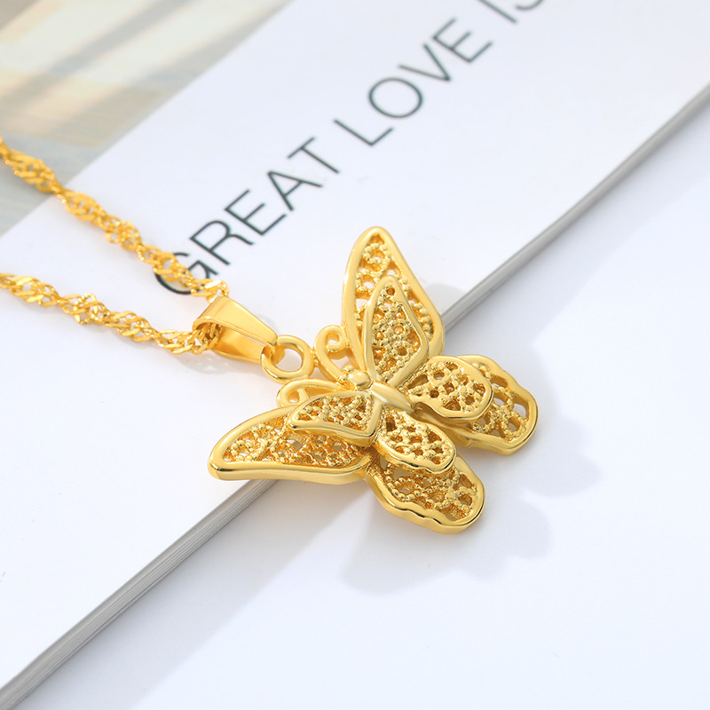 Stainless Steel Hollow Butterfly Pendant Necklace 18K Real Gold Plated Classic Jewelry