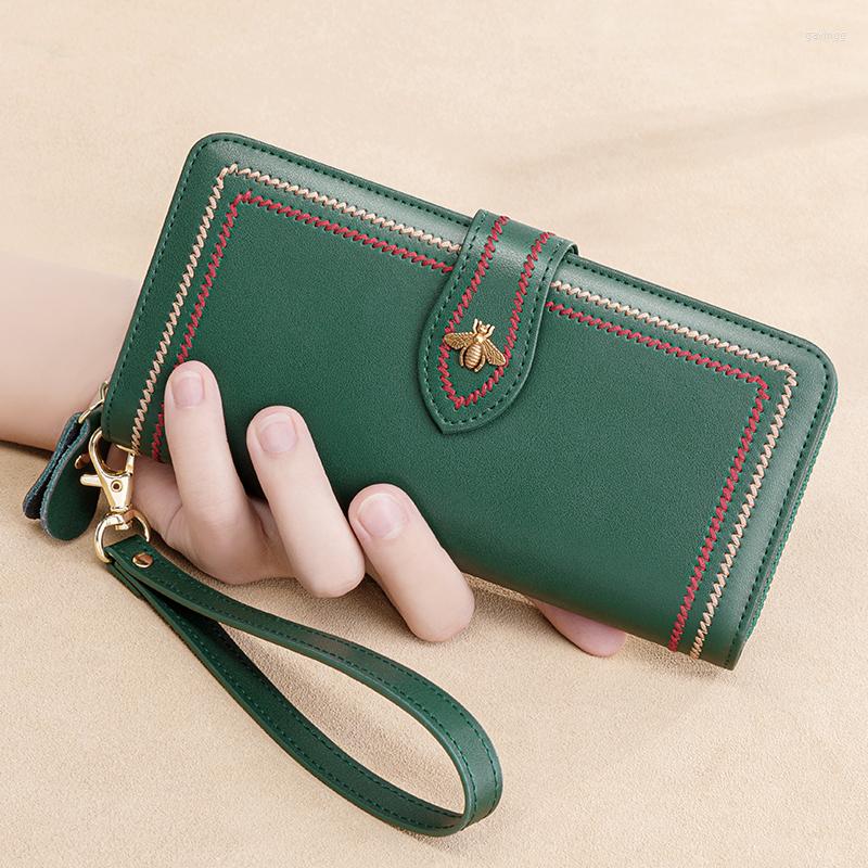 Wallets Genuine Leather Wallet Women Clutch Female Purse Long Money Bag Zipper Coin Bee Wristlet Phone Hasp