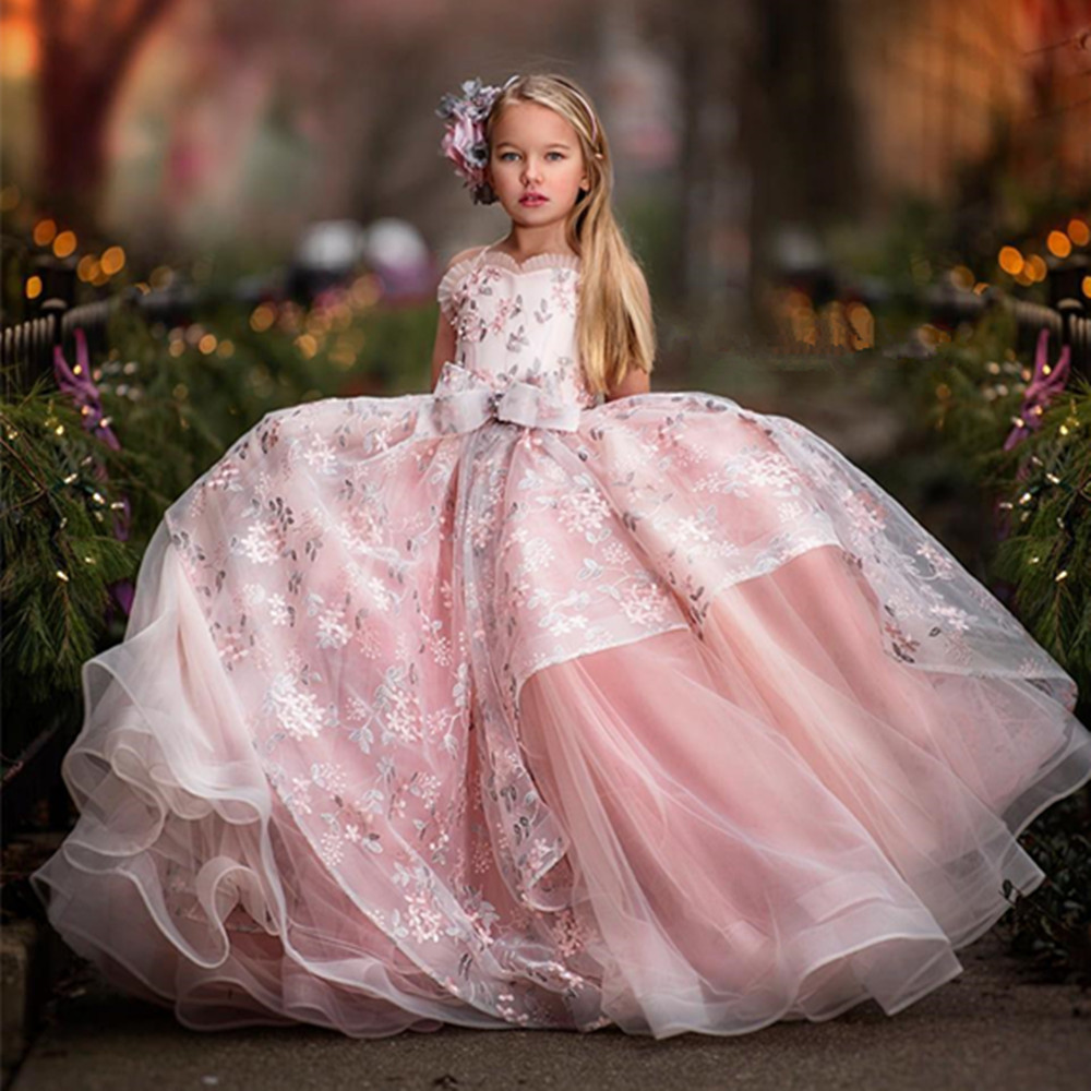 Blush Pink Lace Flower Girl Bows Children's First Holy Communion Dress Princess Formal Tulle Ball Gown Wedding Party Gowns 403