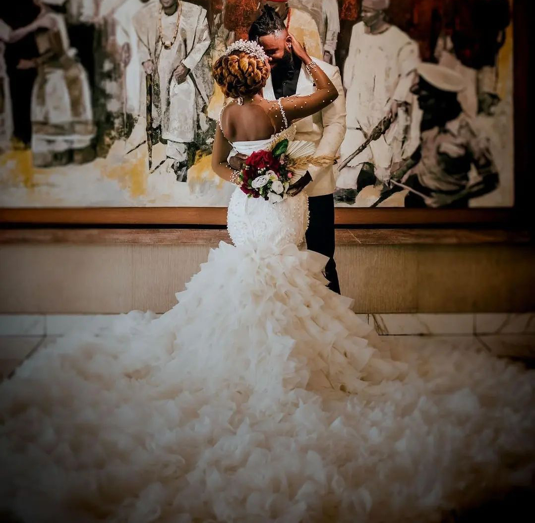 Pearls Mermaid Wedding Dresses Sheer Neck Bridal Gown Custom Made Jewel Tiered Ruffles Luxury Wedding Gowns