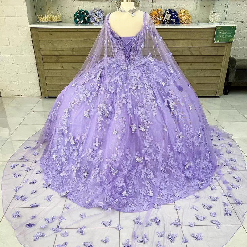 Mint Lilac lavender Butterfly Quinceanera Dresses With Cape Lace-up Applique prom Sweet 16 Dress Mexican Vestidos De XV Anos