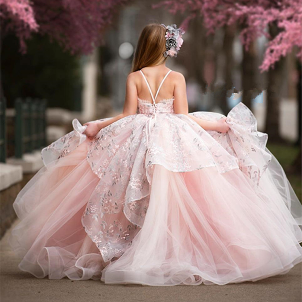 Blush Pink Lace Flower Girl Bows Children's First Holy Communion Dress Princess Formal Tulle Ball Gown Wedding Party Gowns 403