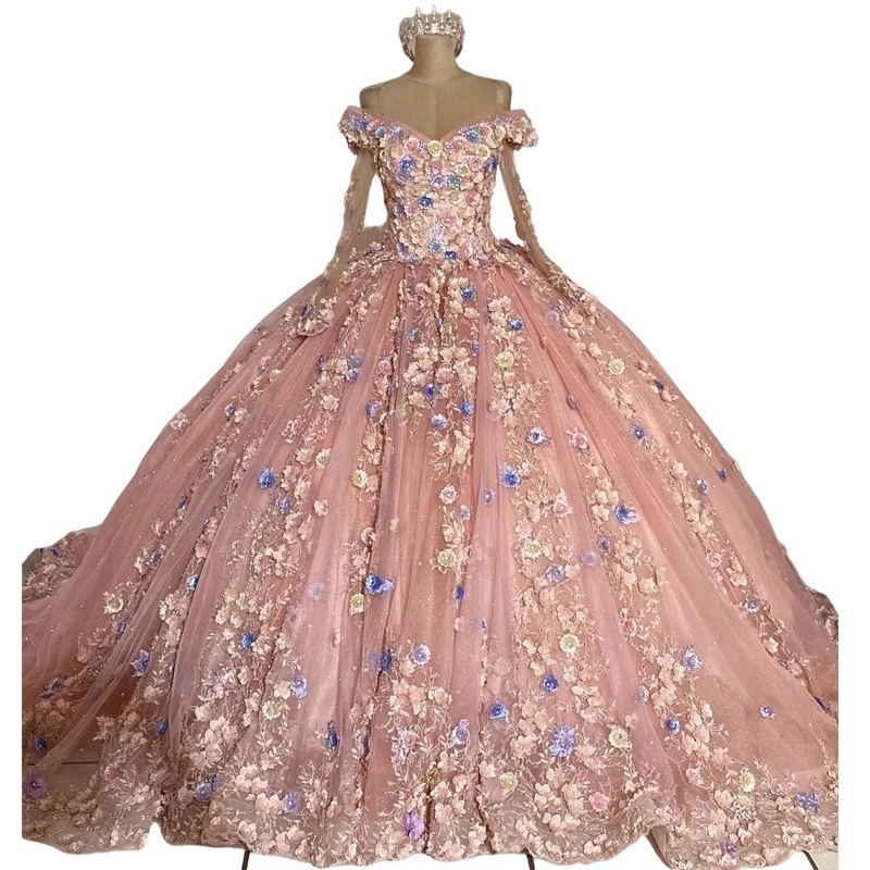 Champagne Blush Princess Quinceanera Dresses with Long Sleeve 3D Floral Lace-up Corset chapel train Prom xvideo 16 years gown