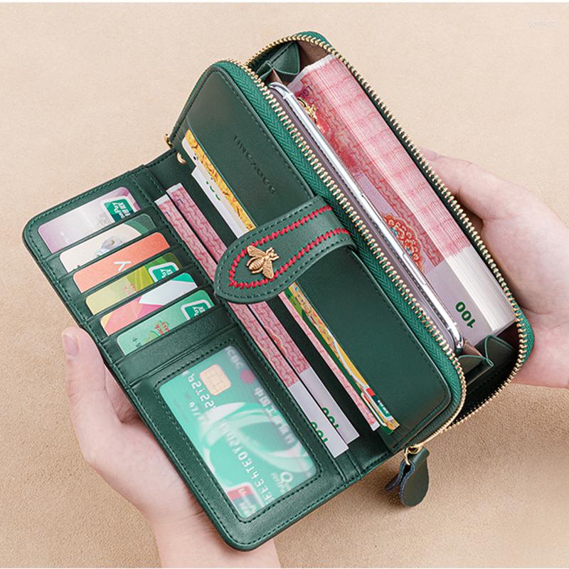 Wallets Genuine Leather Wallet Women Clutch Female Purse Long Money Bag Zipper Coin Bee Wristlet Phone Hasp