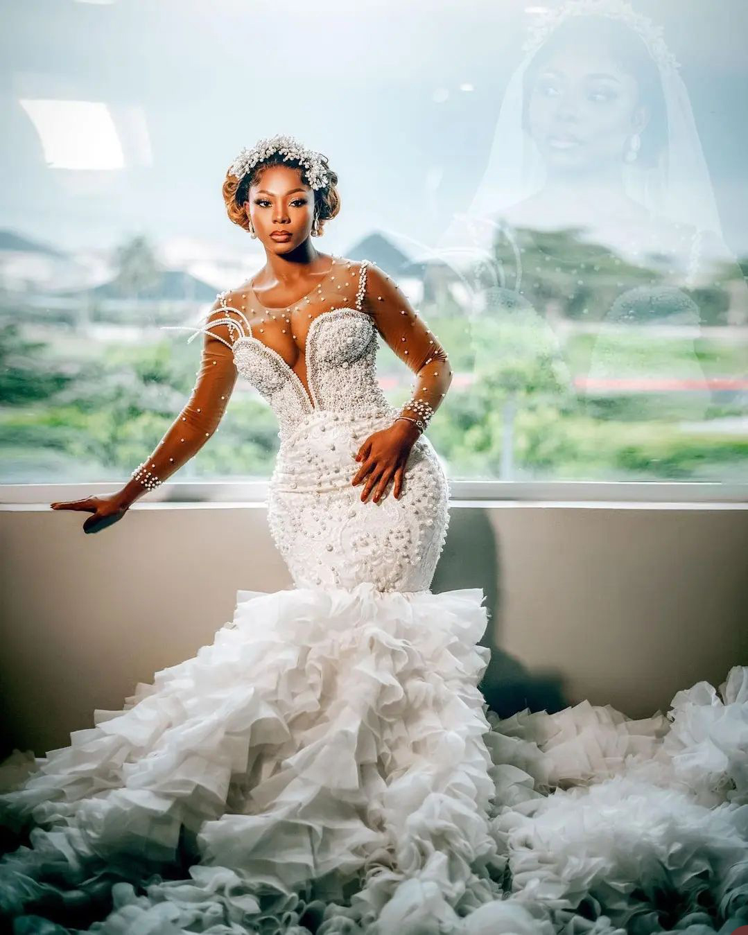 Pearls Mermaid Wedding Dresses Sheer Neck Bridal Gown Custom Made Jewel Tiered Ruffles Luxury Wedding Gowns