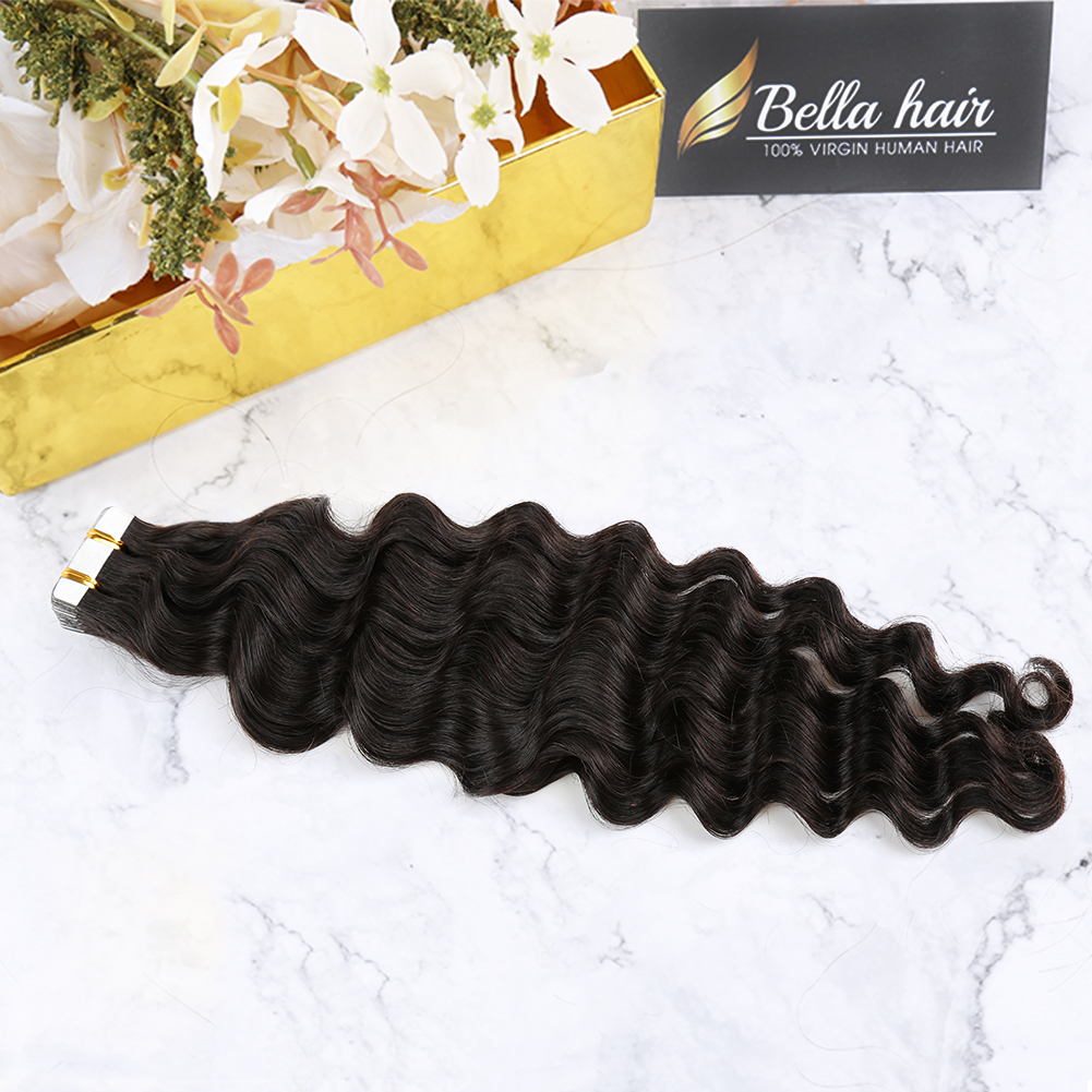 Deep Wave Tape in Hair Extensions Real Human Remy Human Adhesive Tapes Extension 20PCS Thick End 50G Nautral Black PU Hair Extension Bella Hair