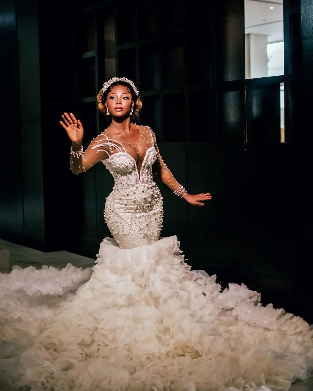 Pearls Mermaid Wedding Dresses Sheer Neck Bridal Gown Custom Made Jewel Tiered Ruffles Luxury Wedding Gowns