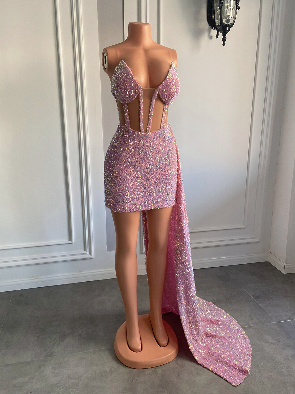 See Through Short Prom Dresses Sweetheart Sheer Mesh Sparkly Pink Sequined African Black Girls Women Cocktail Gown For Party Robe De Soiree Vestidos G