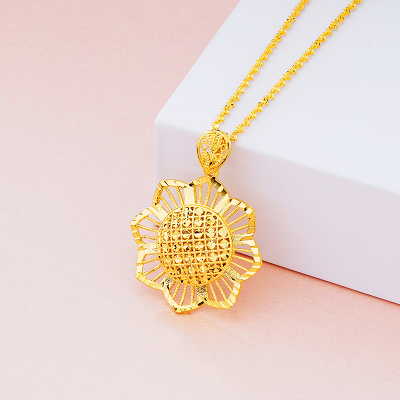 Bling Sunflower Pendant Necklace Real Gold Plated Jewelry Women Christmas Gift