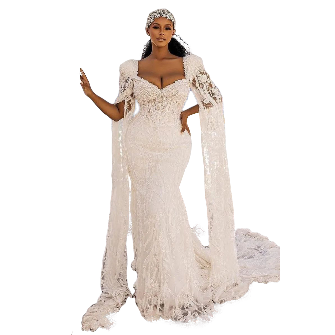 Arabic Beach White Mermaid Wedding Dress Luxury Pearl Sweetheart Trumpet Full Sleeve Lace Bridal Gowns Robe De Soiree