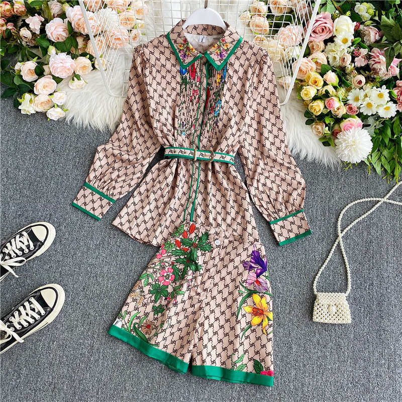 Women's Two Piece Pants Fashion Vintage Two Piece Set 2022 Summer Turn Down Collar Long Sleeves Blouse Lady Tops Shorts Women Vintage Printed Clothing T221012
