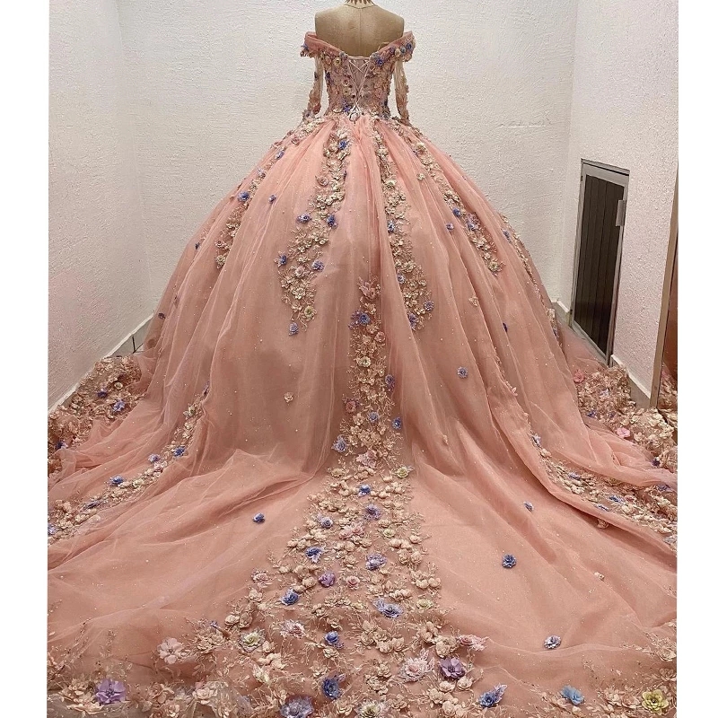 Champagne Blush Princess Quinceanera Dresses with Long Sleeve 3D Floral Lace-up Corset chapel train Prom xvideo 16 years gown