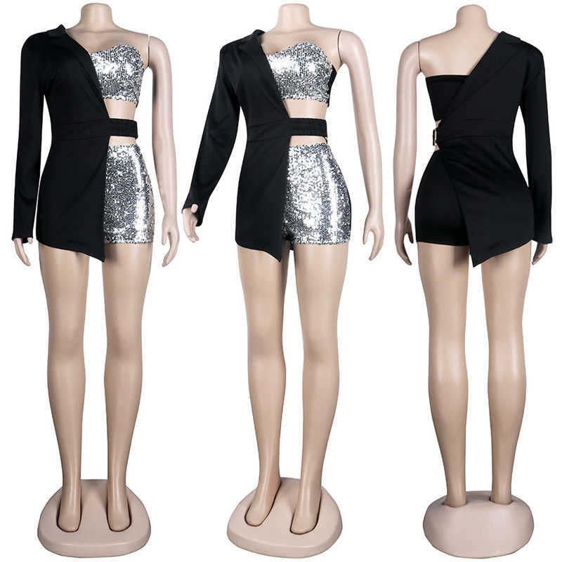Two Piece Women's Pants Gold Sliver Sequin 3 Piece Set Women Blazer Coat Crop Top Shorts Sets Night Party Sexy Club Outfits Birthday Matching Set