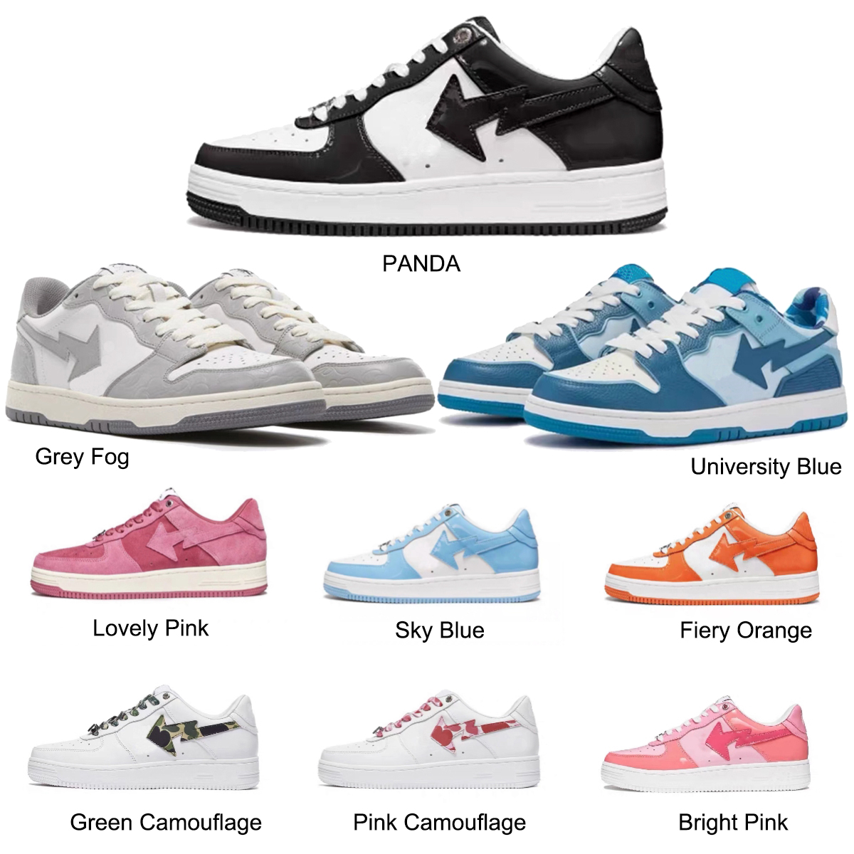 A Bathing Ape Sports Shoes Plate-forme Black White Panda ABC Camo Pink Pastel Green Sax UNC Flats Platform Sneaker Low Outdoor Trainers, Contact us for more products pictures
A Bathing Ape Sports Shoes Plate-forme Black White Panda ABC Camo Pink Pastel Green Sax UNC Flats Platform Sneaker Low Outdoor Trainers, Contact us for more products pictures