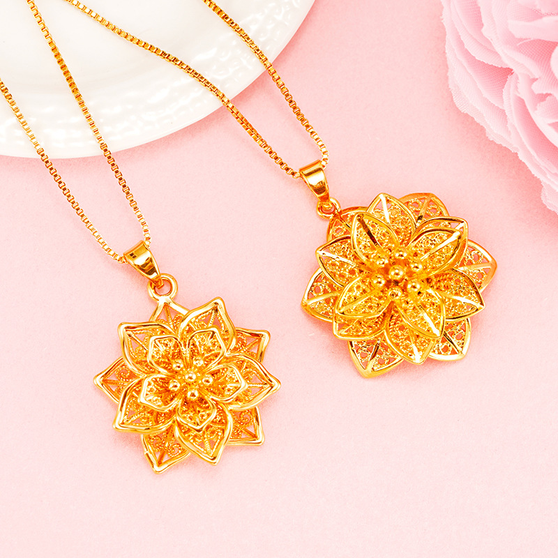 Bling Flower Pendant Necklace 24k Real Gold Plated Jewelry Women Christmas Gift