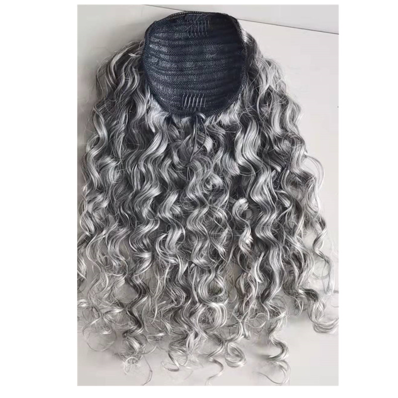 Shake and go silver curls grey ponytail kinky curly human hair extension women gray pony tail hairpiece horsetail drawstring clip in short medium leng