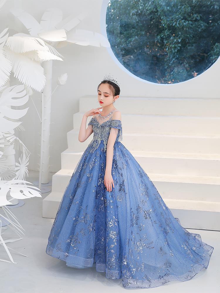 Glitter Blue Flower Girl Dresses Sequin teenagers Puffy Princess Cute Little Baby gowns Kid Birthday Pageant Dress First Communion