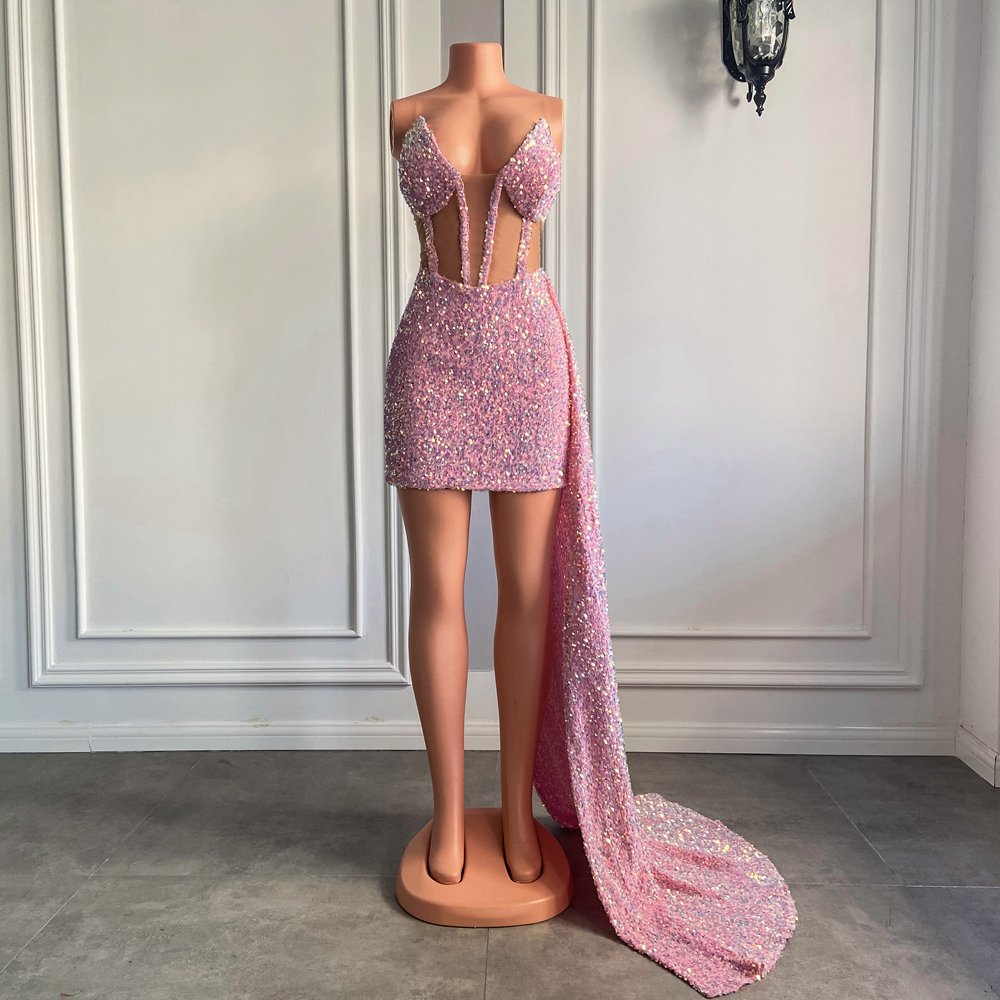 See Through Short Prom Dresses Sweetheart Sheer Mesh Sparkly Pink Sequined African Black Girls Women Cocktail Gown For Party Robe De Soiree Vestidos G