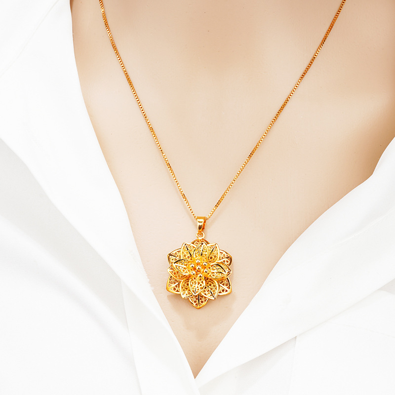 Bling Flower Pendant Necklace 24k Real Gold Plated Jewelry Women Christmas Gift