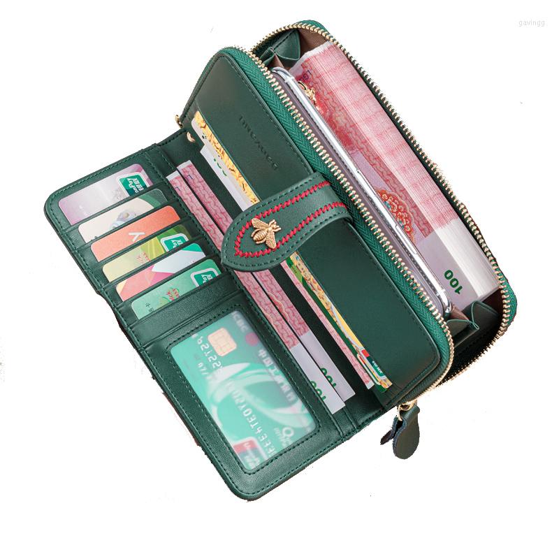 Wallets Genuine Leather Wallet Women Clutch Female Purse Long Money Bag Zipper Coin Bee Wristlet Phone Hasp