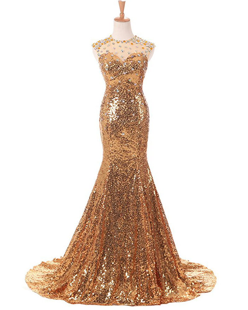 2023 gold Sequins Mermaid African Evening Dresses Wear Black Girls Jewel Neck diamond Illusion Long Graduation Dress Plus Size Formal Sequined Prom Gowns