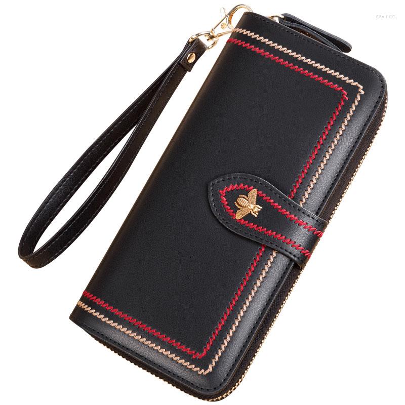 Wallets Genuine Leather Wallet Women Clutch Female Purse Long Money Bag Zipper Coin Bee Wristlet Phone Hasp
