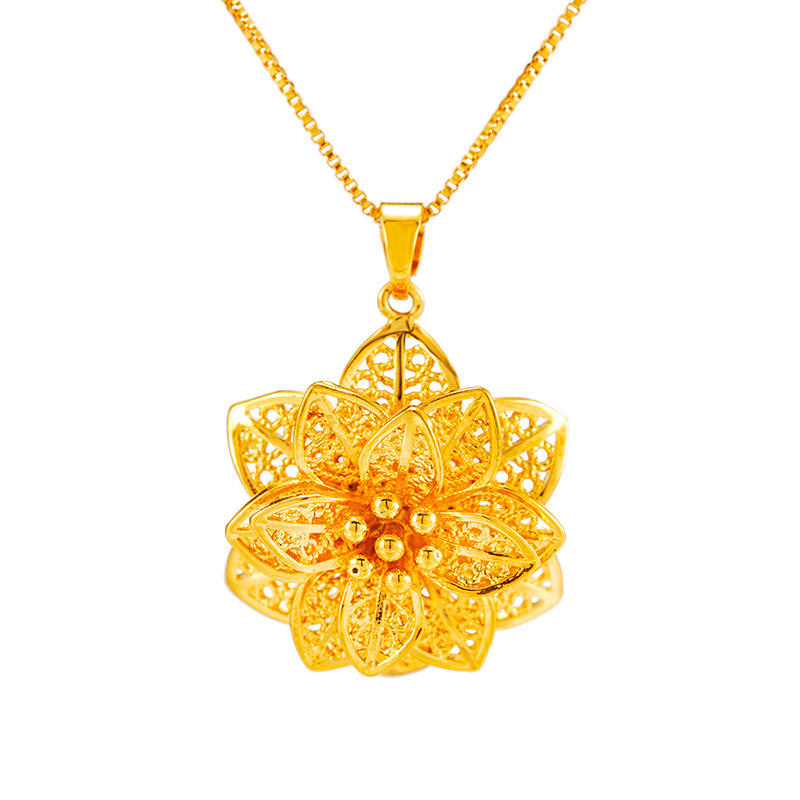 Bling Flower Pendant Necklace 24k Real Gold Plated Jewelry Women Christmas Gift