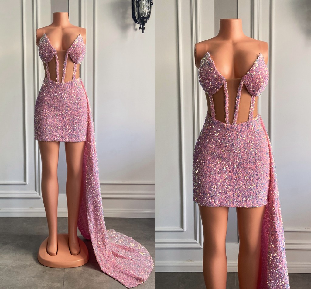 See Through Short Prom Dresses Sweetheart Sheer Mesh Sparkly Pink Sequined African Black Girls Women Cocktail Gown For Party Robe De Soiree Vestidos G