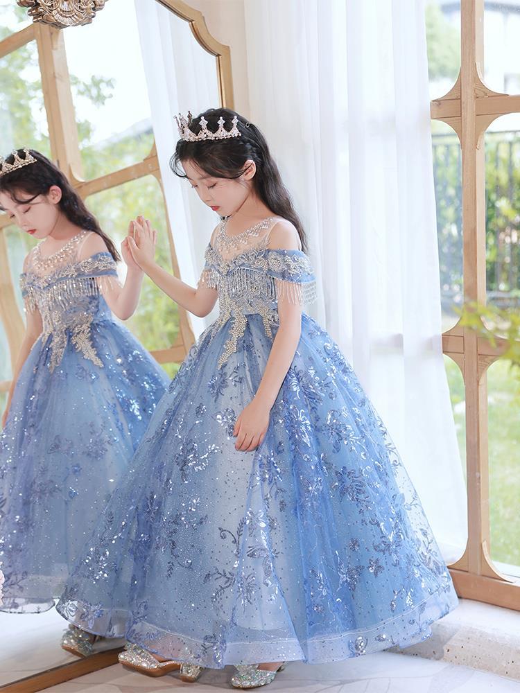 Glitter Blue Flower Girl Dresses Sequin teenagers Puffy Princess Cute Little Baby gowns Kid Birthday Pageant Dress First Communion