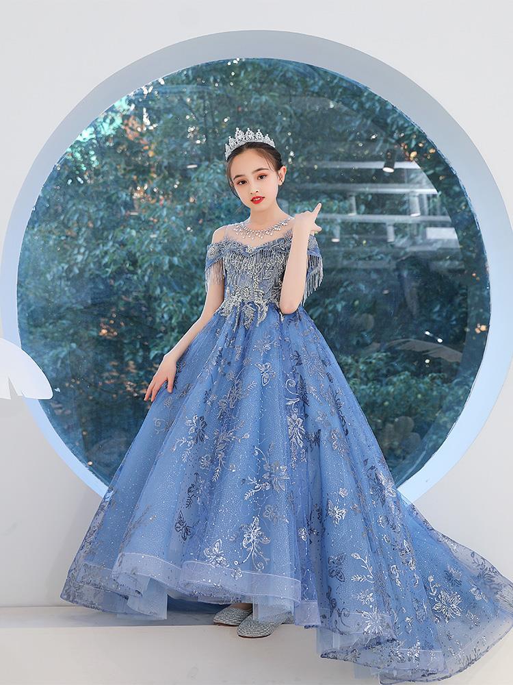 Glitter Blue Flower Girl Dresses Sequin teenagers Puffy Princess Cute Little Baby gowns Kid Birthday Pageant Dress First Communion