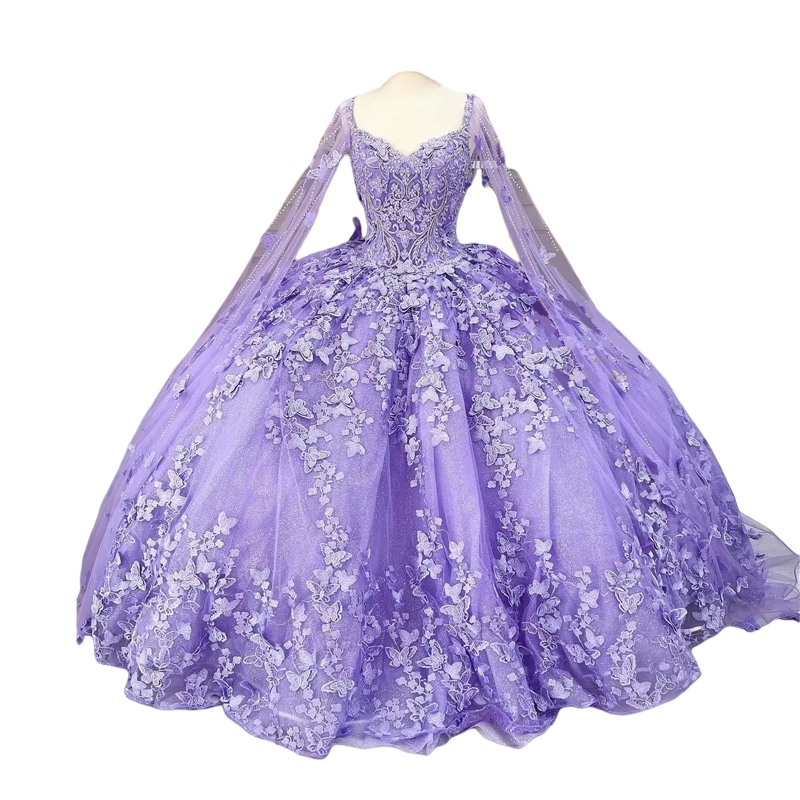 Mint Lilac lavender Butterfly Quinceanera Dresses With Cape Lace-up Applique prom Sweet 16 Dress Mexican Vestidos De XV Anos