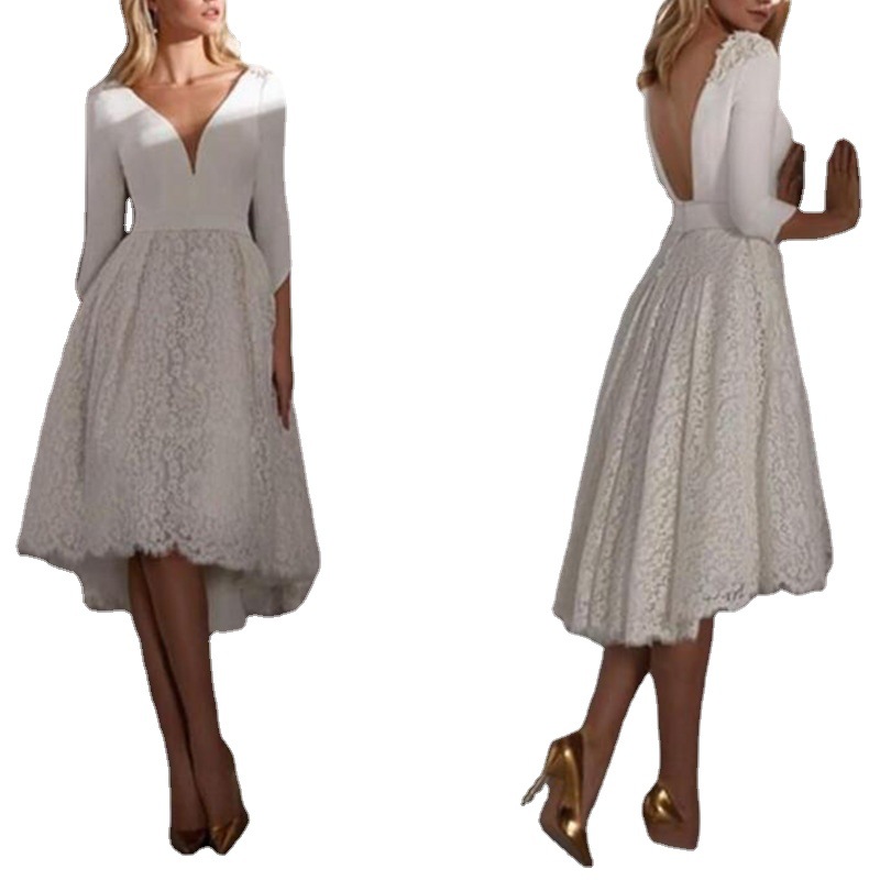 Simple A-Line High Low Wedding Dress With Capped Sleeves Knee Length Ivory Satin Lace Bridal Gowns Sexy V-neck Backless Short Robe De Mariee