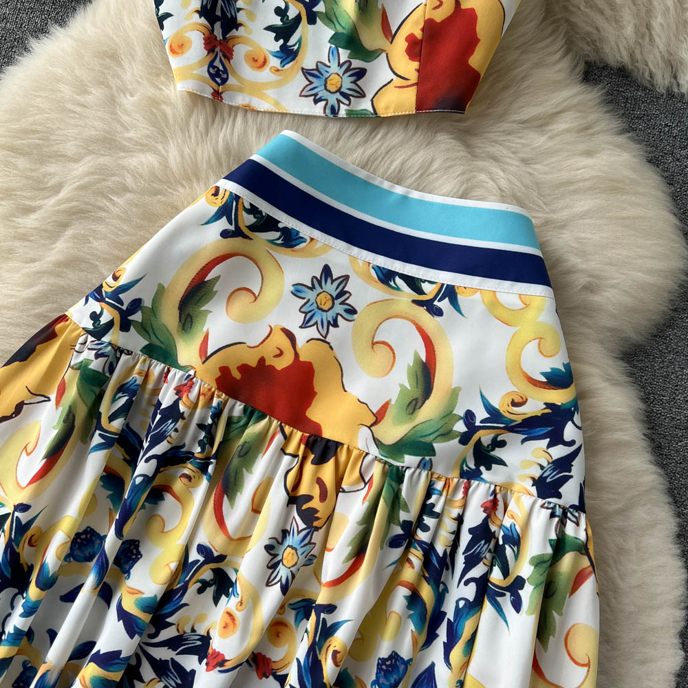 Euramerican ins holiday print dress suit fashionable suspender vest wear high waist mid length skirt two-piece