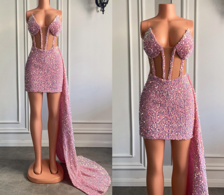 See Through Short Prom Dresses Sweetheart Sheer Mesh Sparkly Pink Sequined African Black Girls Women Cocktail Gown For Party Robe De Soiree Vestidos G