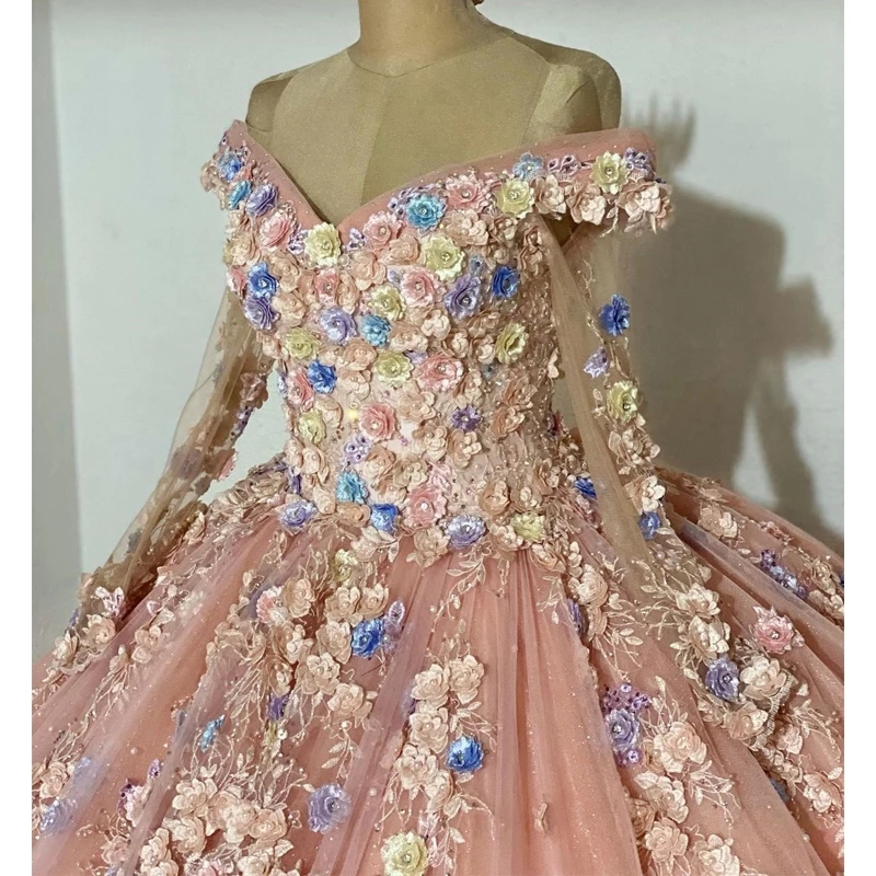 Champagne Blush Princess Quinceanera Dresses with Long Sleeve 3D Floral Lace-up Corset chapel train Prom xvideo 16 years gown