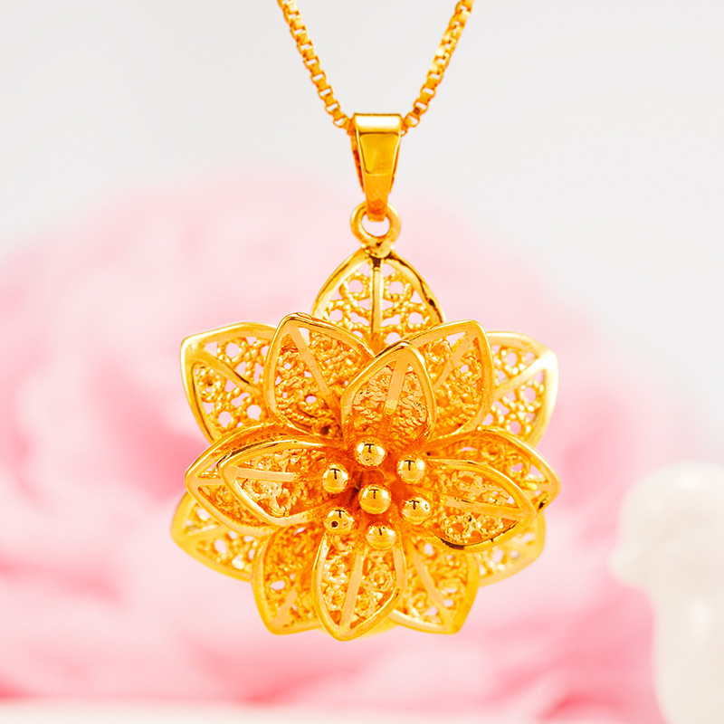 Bling Flower Pendant Necklace 24k Real Gold Plated Jewelry Women Christmas Gift