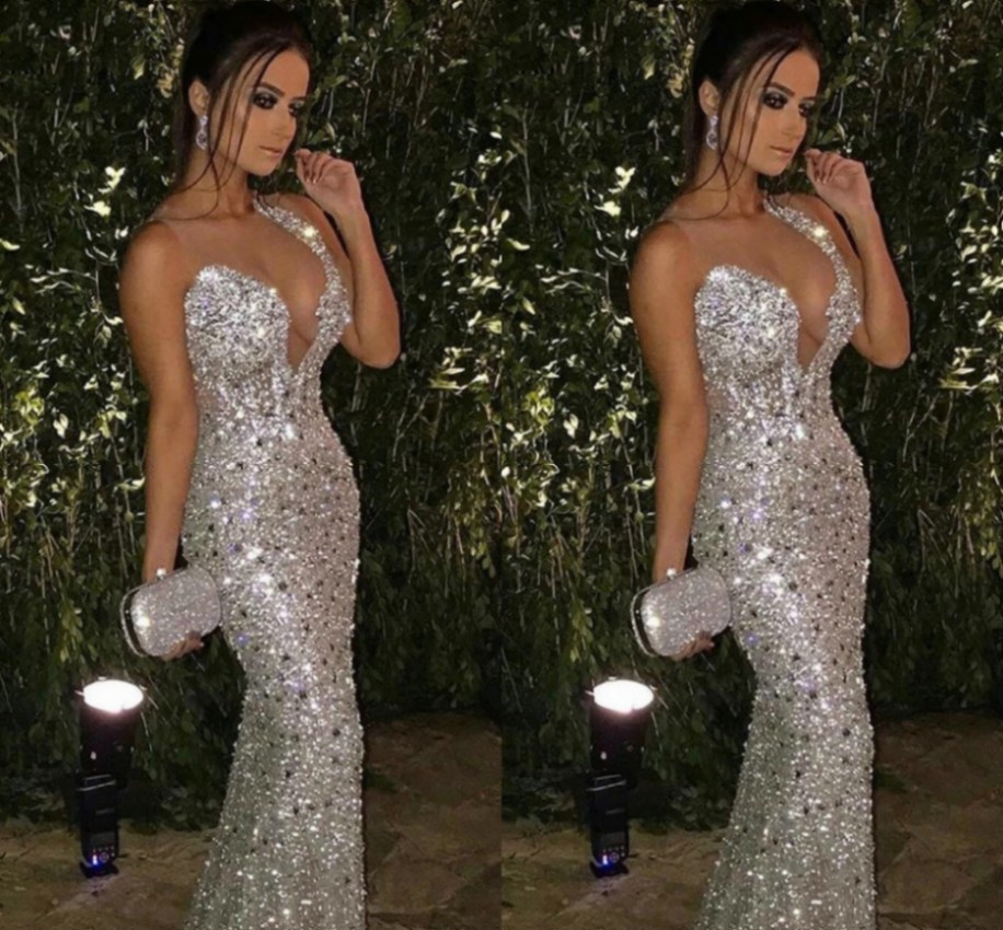 2022 Sparkling Mermaid Beaded Crystal Prom Dress Scoop Sexy Illusion Neck Birthday Party Dress Wear Dubai Style Evening Gowns Robe De Soiree Vestidos
