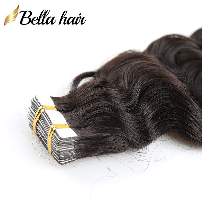 Deep Wave Tape in Hair Extensions Real Human Remy Human Adhesive Tapes Extension 20PCS Thick End 50G Nautral Black PU Hair Extension Bella Hair