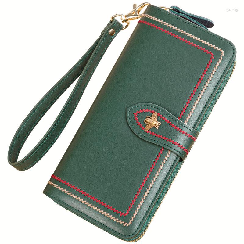 Wallets Genuine Leather Wallet Women Clutch Female Purse Long Money Bag Zipper Coin Bee Wristlet Phone Hasp