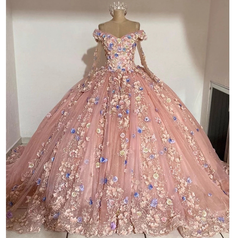 Champagne Blush Princess Quinceanera Dresses with Long Sleeve 3D Floral Lace-up Corset chapel train Prom xvideo 16 years gown