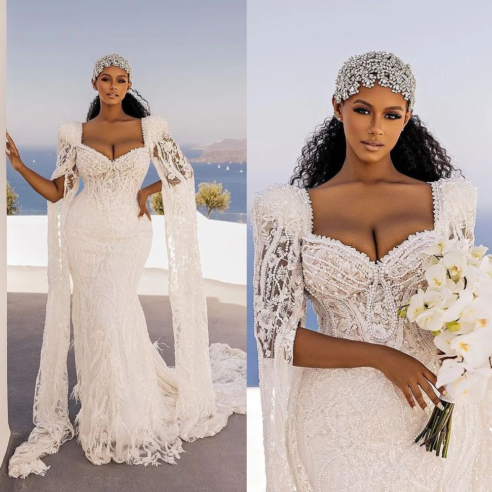 Arabic Beach White Mermaid Wedding Dress Luxury Pearl Sweetheart Trumpet Full Sleeve Lace Bridal Gowns Robe De Soiree