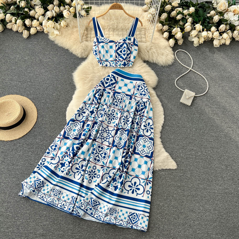 Euramerican ins holiday print dress suit fashionable suspender vest wear high waist mid length skirt two-piece